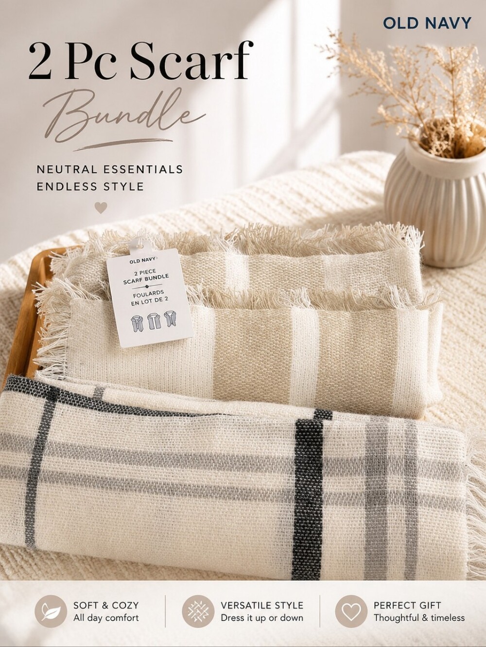 💥💙 2 Pc Scarf Bundle  Neutral Plaid Scarves in Cream,  Gray Ardene & Old Navy
